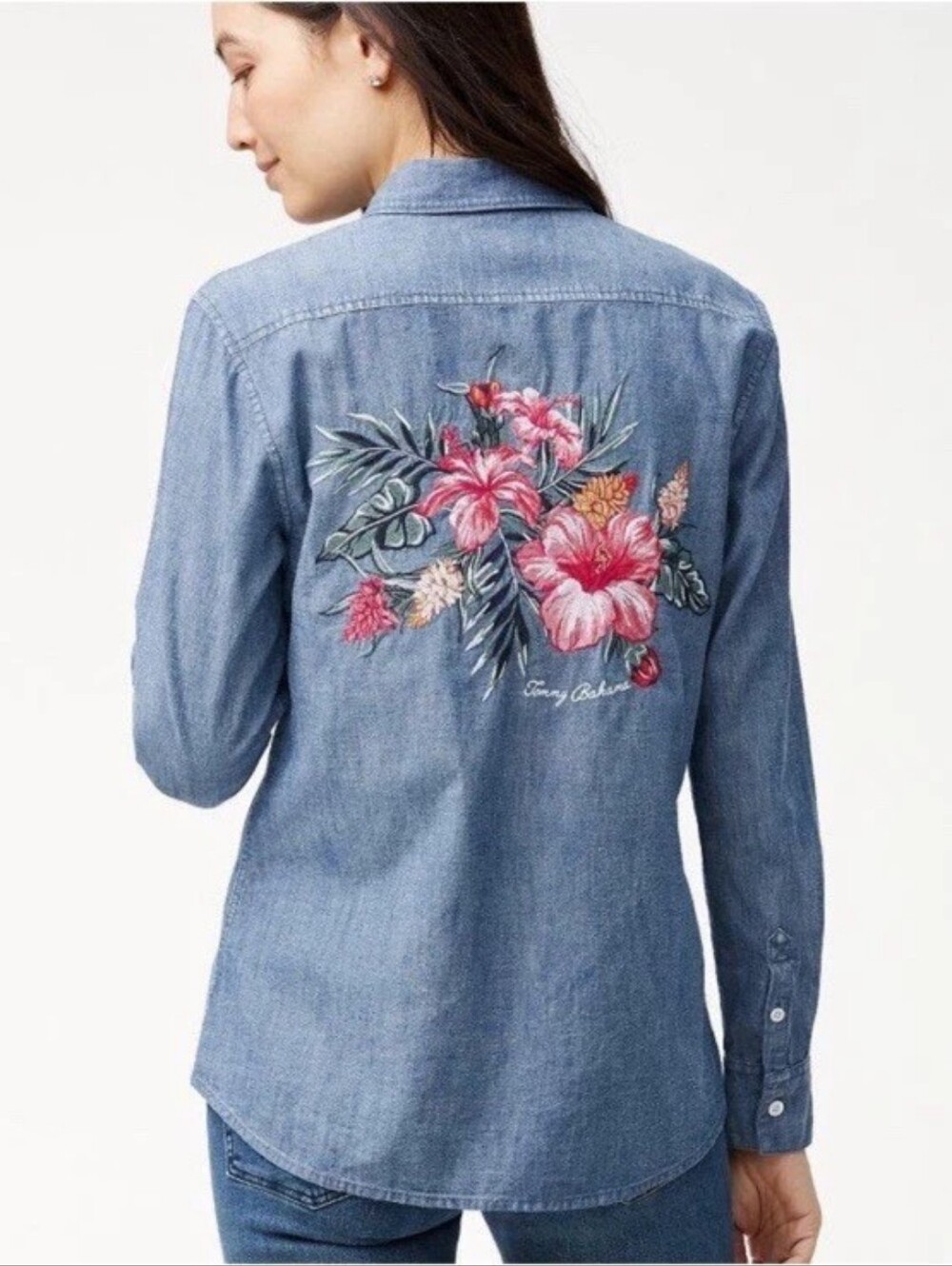 Tommy Bahama Cotton-Linen Floral Embroidered Chambray Shirt Size L Coastal Beach